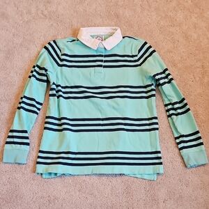 Lands' End Women's Aqua and Navy Striped Rugby Shirt